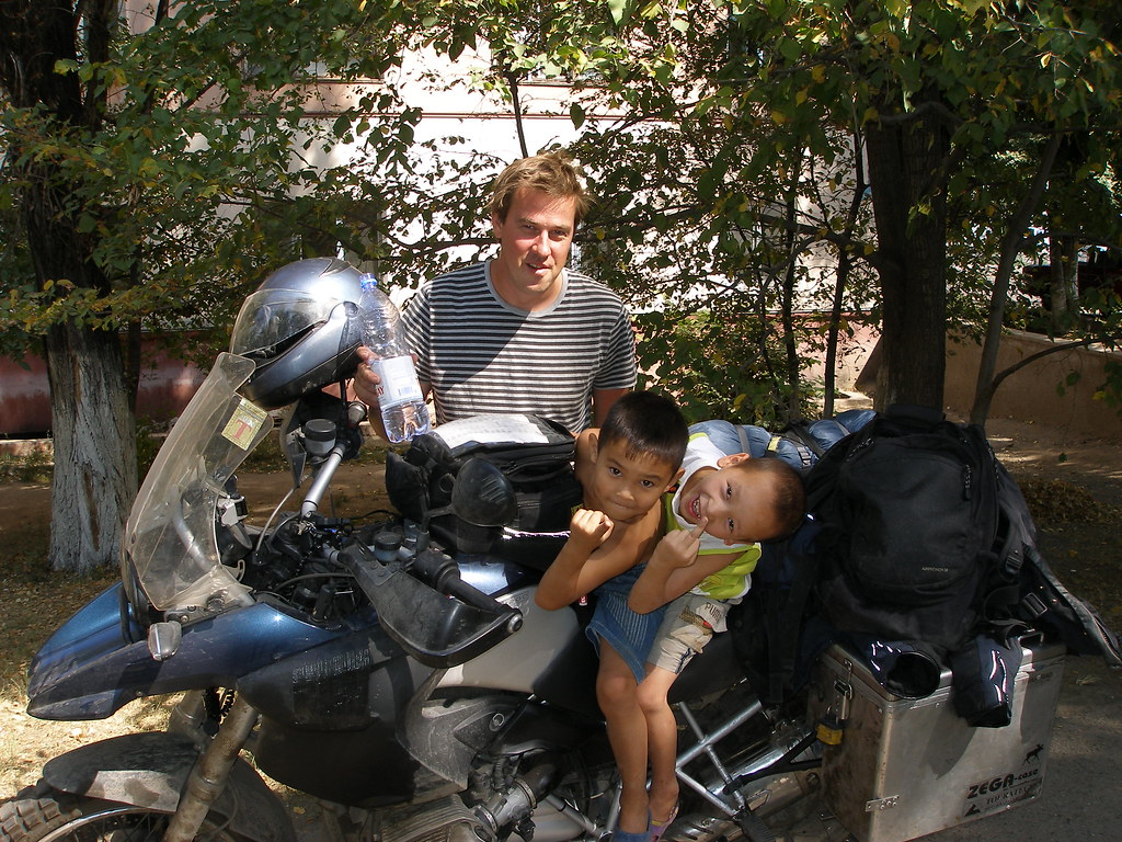 Kids on the bike - ouside the hostel - Almaty