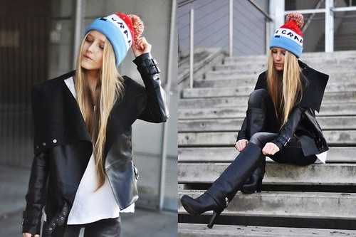 Straight blonde long hair with cute cotton hat