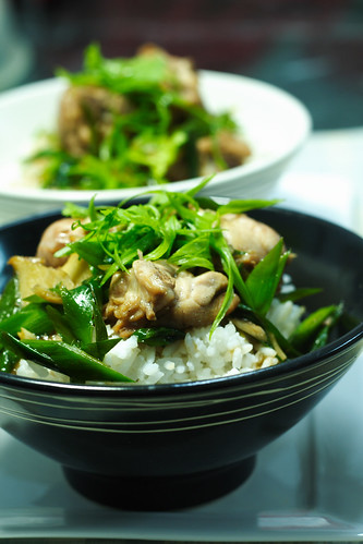 Stir-fry chicken with ginger and leek on organic basmati rice