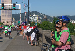 A Hug on the Burnside Bridge, Made in Oregon sign, photo by Miles Hochstein, Portland Ground