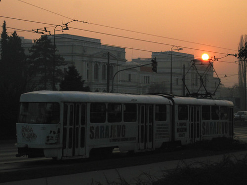 Tram at sunset