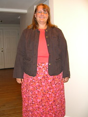 Option 1: Salmon skirt, top and brown jacket