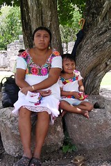Maya portrait woman and her child traditional dress Yucatan Quintana Roo Mexico