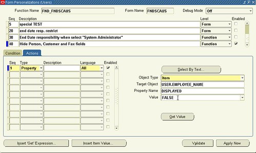 Oracle Form Personalization (Users) Actions tab Actions seq 1 final