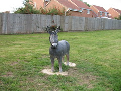 The full sized plastic cow has vanished from the pub garden. This three foot high plastic donkey remains.