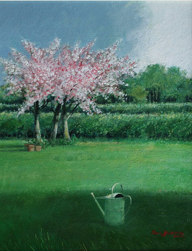 Cherry Trees After Rain (Oil on Board)