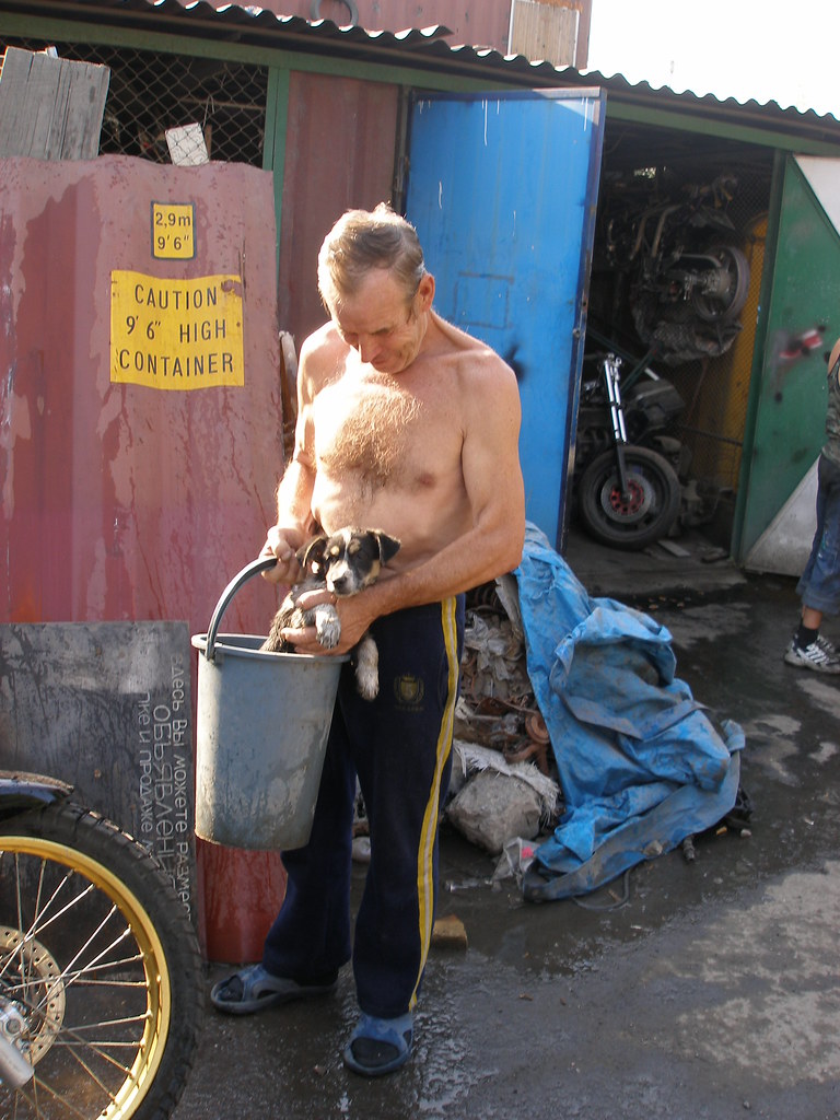 Man washes puppy at the Motorbike garage, Almaty