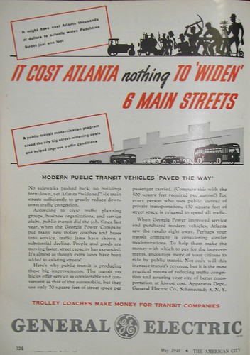 GE trolley bus ad promoting transit, using Atlanta as an example