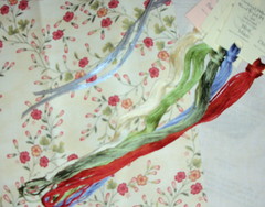 Apples fabric, ribbon, threads, & linen