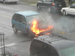 Minivan on fire