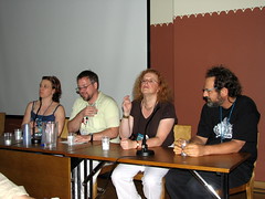 Justina Robson, Jeff VanderMeer, Cheryl Morgan and Stepan Chapman sitting on a panel
