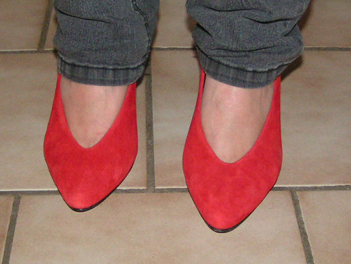 Red suede shoes.