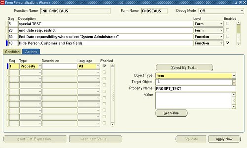 Oracle Form Personalization (Users) Actions tab