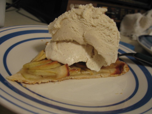Sliced apple tartine with vanilla bean ice cream