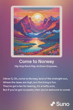 Come to Norway AI song by Suno.ai as a light hearted response to Norway draconian exit tax of almost 40% if you were to leave the domicile (even for unvested/illiquid assets?). In response to Christer's song of 