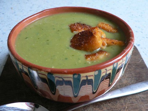 Pea & pesto soup with fish finger croutons