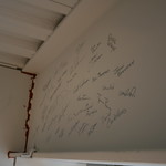 The signed beam in the Green Family Rehearsal Room of Writers Theatre's new building.