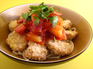 Baked panko crusted pork with pineapple sauce over udon