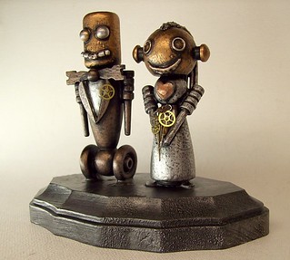 Robot Bride and Groom Wedding Cake Topper Wood Statues with Base 6