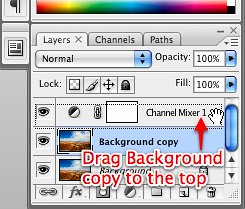 Photoshop tutorial -- drag the duplicate background layer to the top of the layer stack