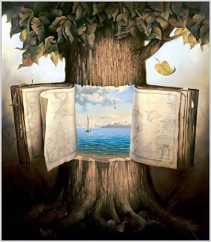 livre ouvert dans un arbre