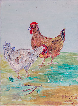 Acrylique 24x18, par Dominique Sauvanet, Les poules
