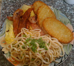Hangover breakfast - bacon, eggs, hashbrown and XO sauce sauteed udon noodles