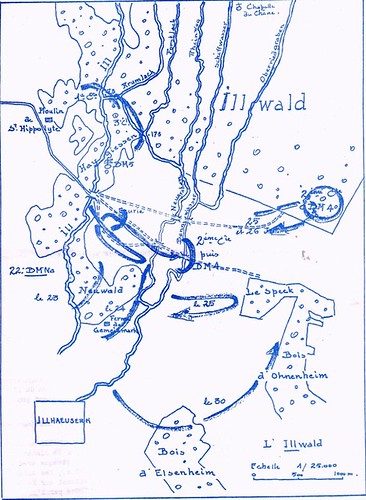 1945- Alsace - Carte de situation du BM 5, BM 4 et 22e BMNA dans l'Illwald