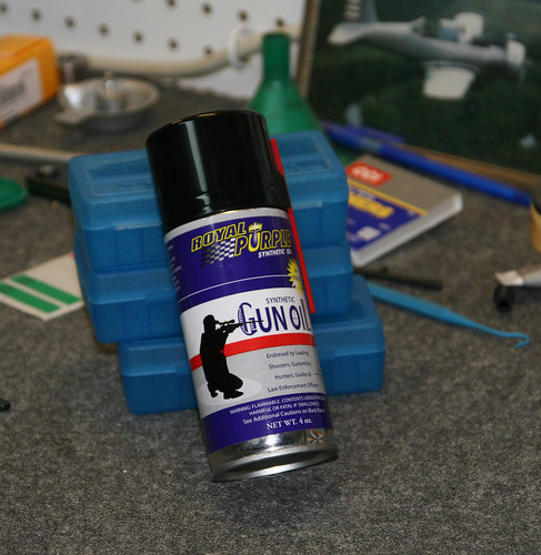 Royal Purple Gun Oil Can on workbench