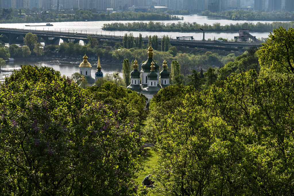 View of the ensemble of the Vydubitsky Monastery and the Left Bank of the Dnieper from the terrace of the Botanical Garden.