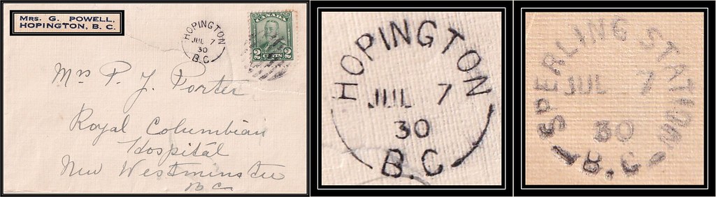 British Columbia / B.C. Postal History - 7 July 1930 - HOPINGTON, B.C. (split ring / broken circle cancel / postmark) to New Westminster, B.C. via Sperling Station, B.C.
