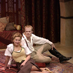 Kymberly Mellen (Louka) and Brad Eric Johnson (Sergius Saranoff) in ARMS AND THE MAN at Writers Theatre.