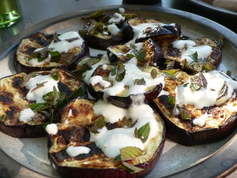 Griddled aubergines with yoghurt & mint