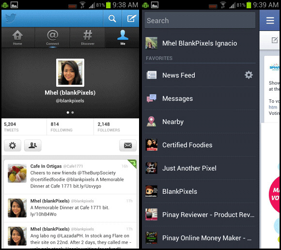 Twitter and Facebook apps for Android