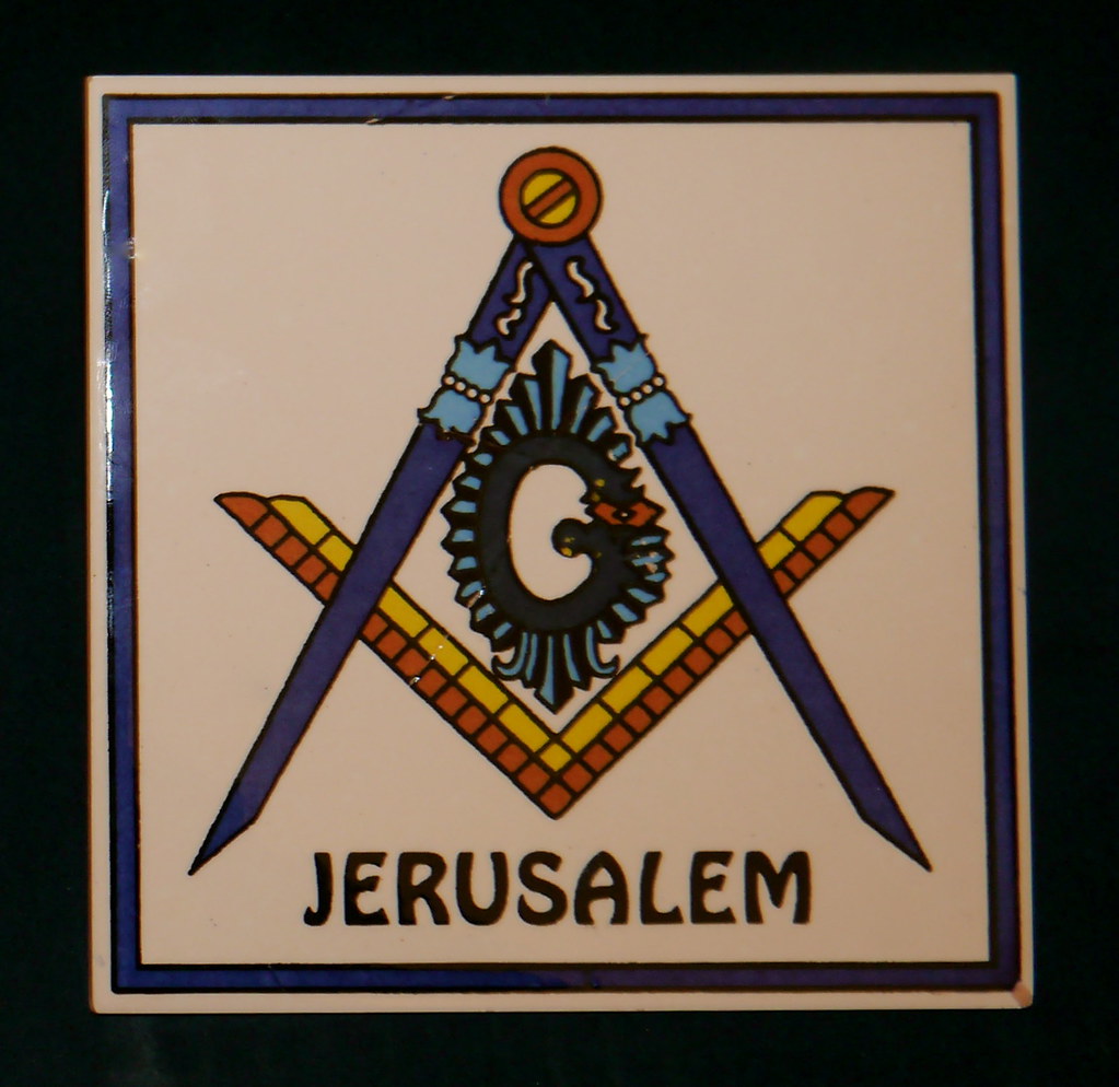 Ceramic souvenir Masonic Square and Compasses tile from Jerusalem