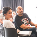 Actors Christine Bunuan and Madrid St. Angelo at the first rehearsal for JULIUS CAESAR at Writers Theatre. Photo by Joe Mazza—brave lux.