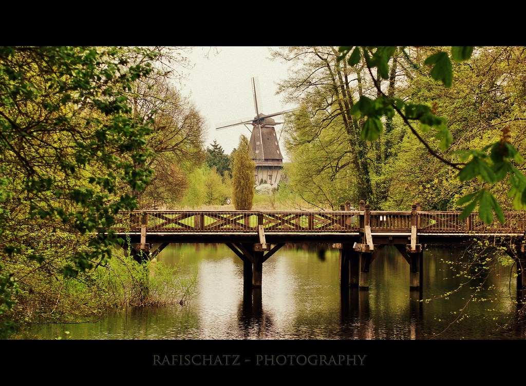 water, wooden bridge and windmill
