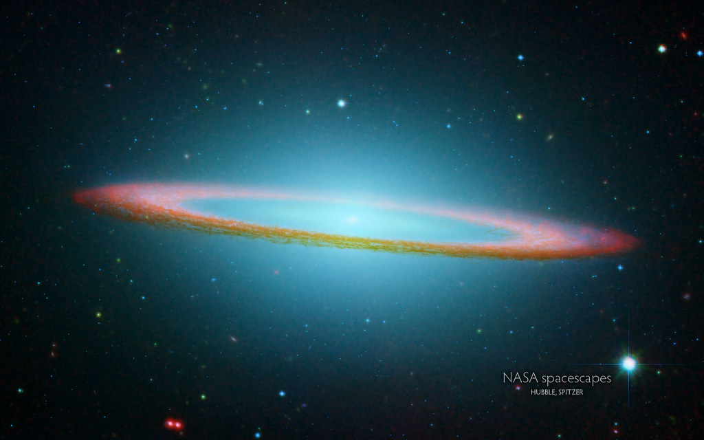 Composite image of Messier 104 (Sombrero Galaxy) by NASA's Spitzer and Hubble Space Telescopes