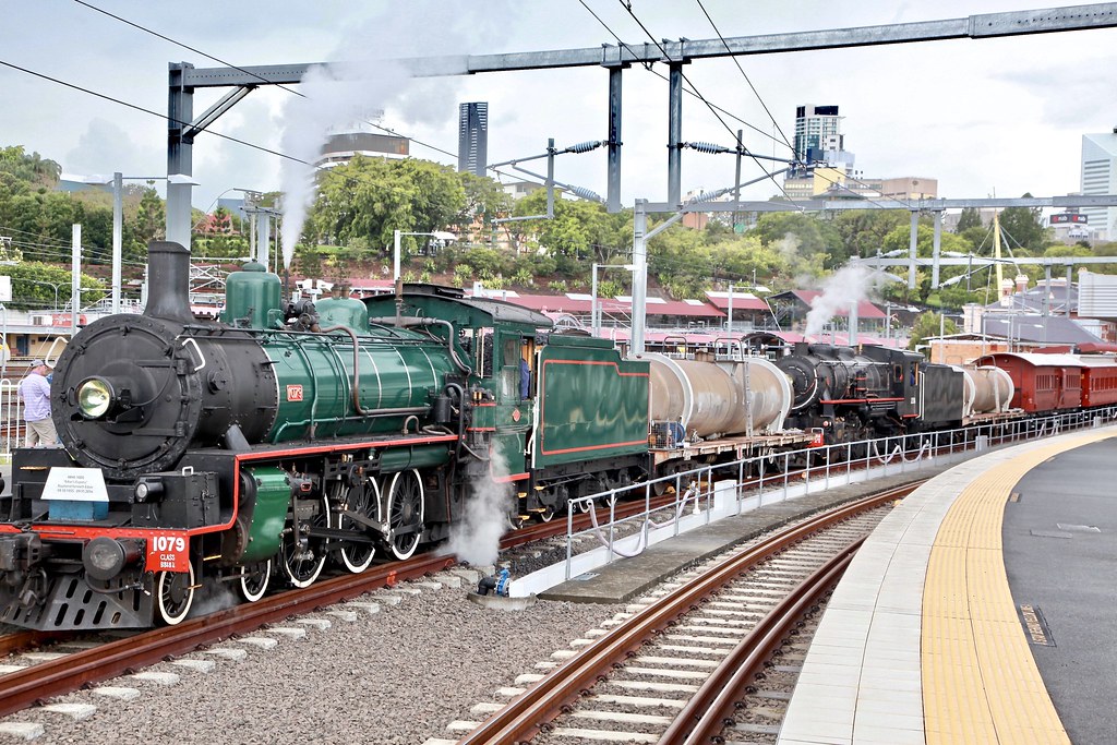 QR steam trains departing Roma Street Railway Station. Sunshine Express Rail Tours.